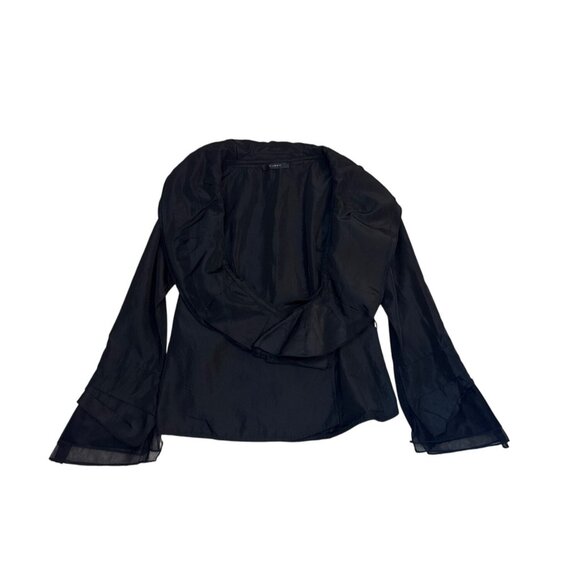 OJBOX Elegant Black Sheer Ruffle Collar Long Sleeve Blouse With Tie Waist - Picture 1 of 5